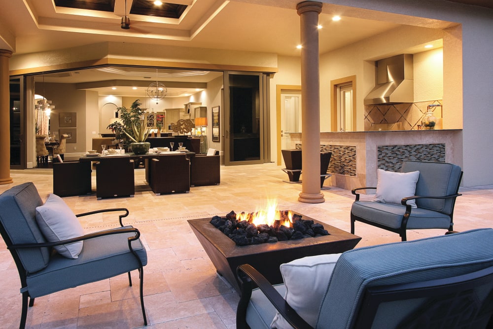 Pool Area With Fire Features, Corinthian Gas Fire Pit Table